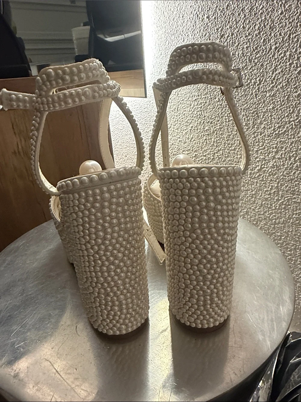 Pearl-Embellished Cream Platform Sandals with Ankle Strap